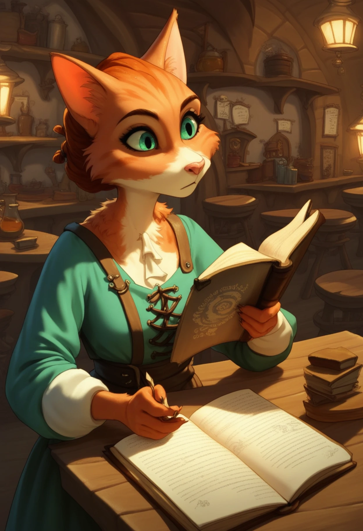 safe_pos, score_9, score_8_up, score_7_up, 1girl, solo, medieval fantasy, female cat, furry, reading a book, tavern,