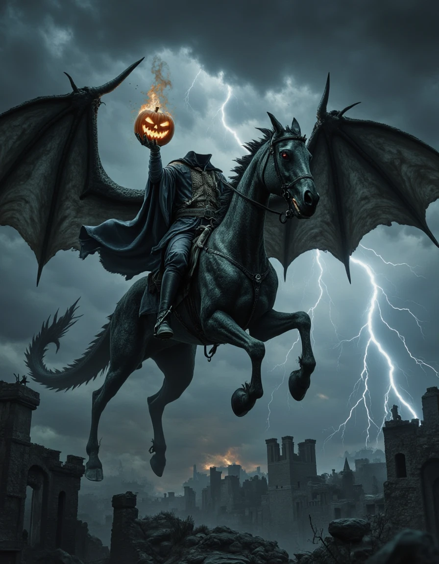 headless_horseman riding a massive skeletal dragon instead of a horse, flying through a stormy sky with lightning striking in the distance. The rider holds a flaming jack-o-lantern, and the dragonâs wings cast enormous shadows over a ruined city. Dark fantasy with highly detailed textures and dramatic weather effects. headless_horseman, <lora:headless_horseman_v11:1>,