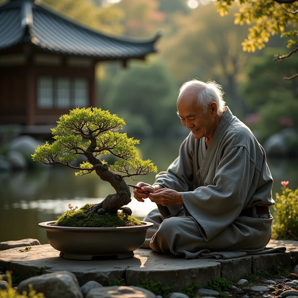"An elderly Japanese man sits quietly in a serene garden, carefully tending to a small bonsai tree. He is dressed in a simple, traditional robe, and his weathered hands work gently, trimming the tiny branches with precision. His face is calm and focused, showing a lifetime of wisdom and care in every motion. Around him, the garden is beautifully kept, with stones, moss, and delicate flowers, while a gentle breeze stirs the air. Behind him, a traditional wooden pavilion overlooks a small pond, reflecting the peaceful scene. The soft light of the late afternoon sun casts a warm glow, illuminating the man's silver hair and the delicate leaves of the bonsai. The atmosphere is one of harmony and deep connection to nature, as the man continues his quiet, lifelong art of bonsai care."