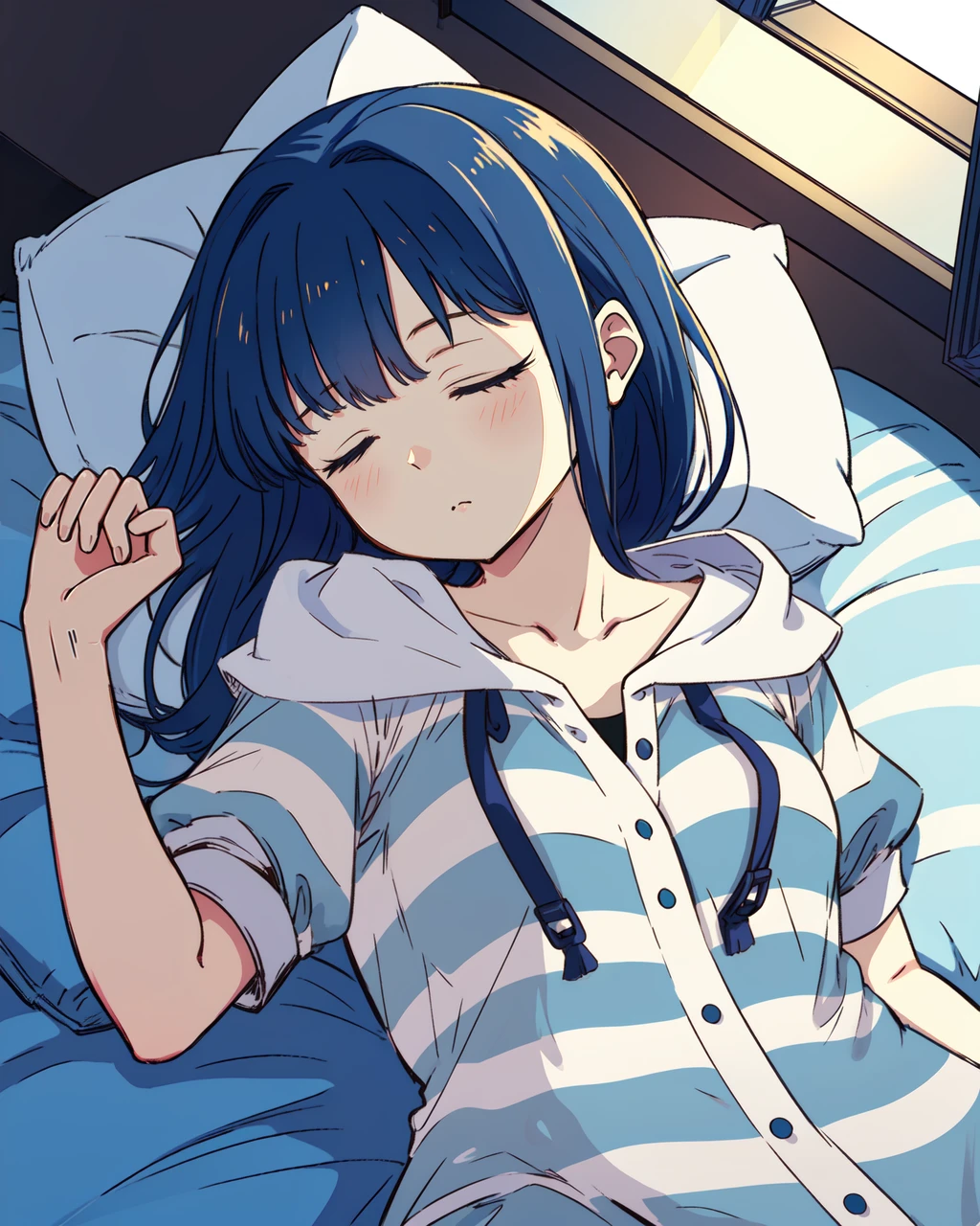 masterpiece, high quality, mgrcnanamiyachiyo, 1girl, blue hair, eyes closed, upper body, medium shot, black top, white with blue striped pijama, view from above, indoors, bedroom, bed, pillow, lying, sleeping, room, <lora:mgrcnanamiyachiyo:0.8>