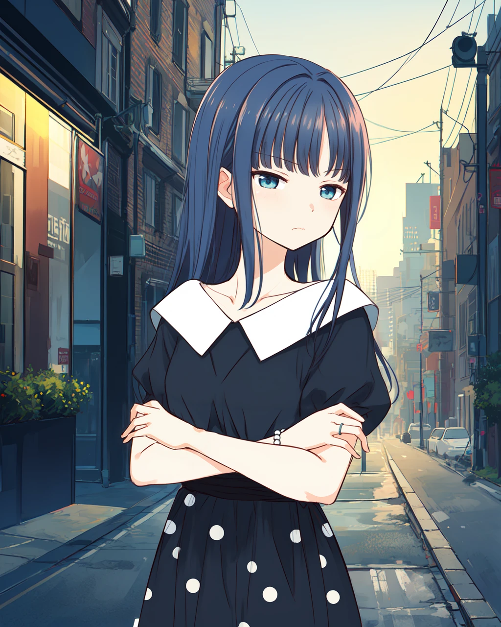 masterpiece, high quality, mgrcnanamiyachiyo, 1girl, blue hair, blue eyes, upper body, medium shot, black with white dress with polka dot, black belt, pearl bracelet, hands crossed, outdoors, city, street, evening, sceptic, (side view:0.8). <lora:mgrcnanamiyachiyo:0.8>