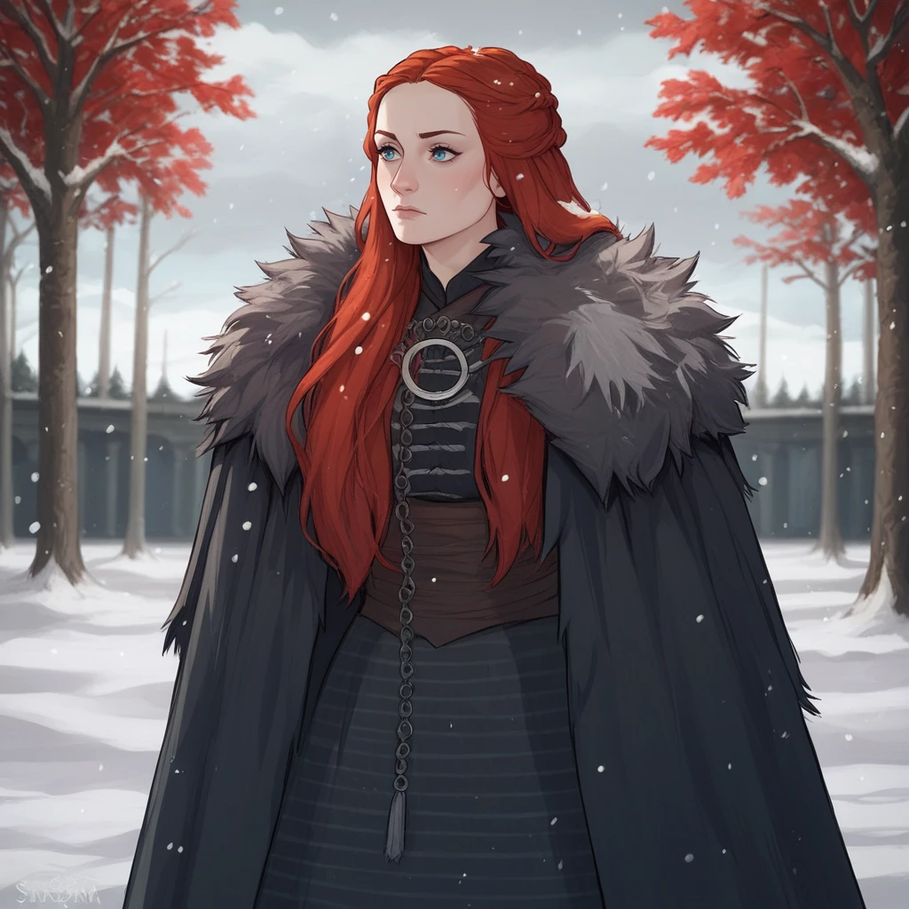 score_9_up, score_8_up, BREAK, SansaStark, 1girl, solo, long hair, red hair,  blue eyes, black dress, fur trim, cape, cowboy shot,  <lora:SansaStark_PXL_Leaf1:1>, snow,