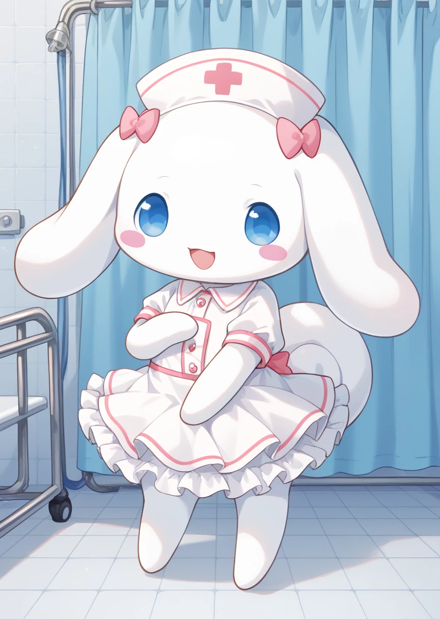 score_9, score_8_up, score_7_up, BREAK
Cinnamoroll, anthro, male, solo, looking at viewer, smile, open mouth, blue eyes, standing, :d, no humans, blush stickers, happy, hospital, , long ears, white fur, frilly dress, frilly ribbon, nurse, nurse headdress