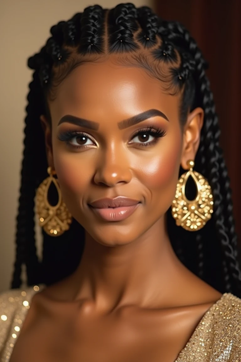 The image features a woman with a glowing, elegant appearance. She has a beautifully styled braided hairstyle, with the braids wrapped neatly around her head and flowing down her back. Her makeup is glamorous, with well-defined eyebrows, glossy lips, and subtle yet radiant highlights on her cheeks and forehead. The woman is wearing large, intricate gold earrings and a shimmering outfit, which enhances her overall luxurious and sophisticated look. The lighting focuses on her face, adding a polished, almost ethereal glow to her skin.