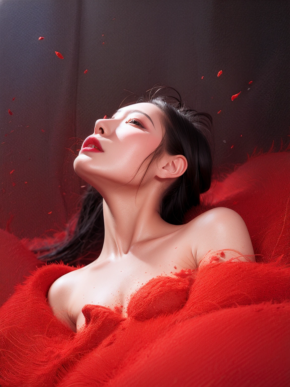 A captivating minimalistic and surreal illustration of a detailed lipstick with red dust under and above it. The lipstick is rendered in a vivid,single color,emphasizing its futuristic and innovative aspects. The red dust appears to be suspended in the air,creating a sense of wonder and magic. The overall ambiance of the illustration is clean,modern,and abstract,with a touch of surrealism.,illustration,