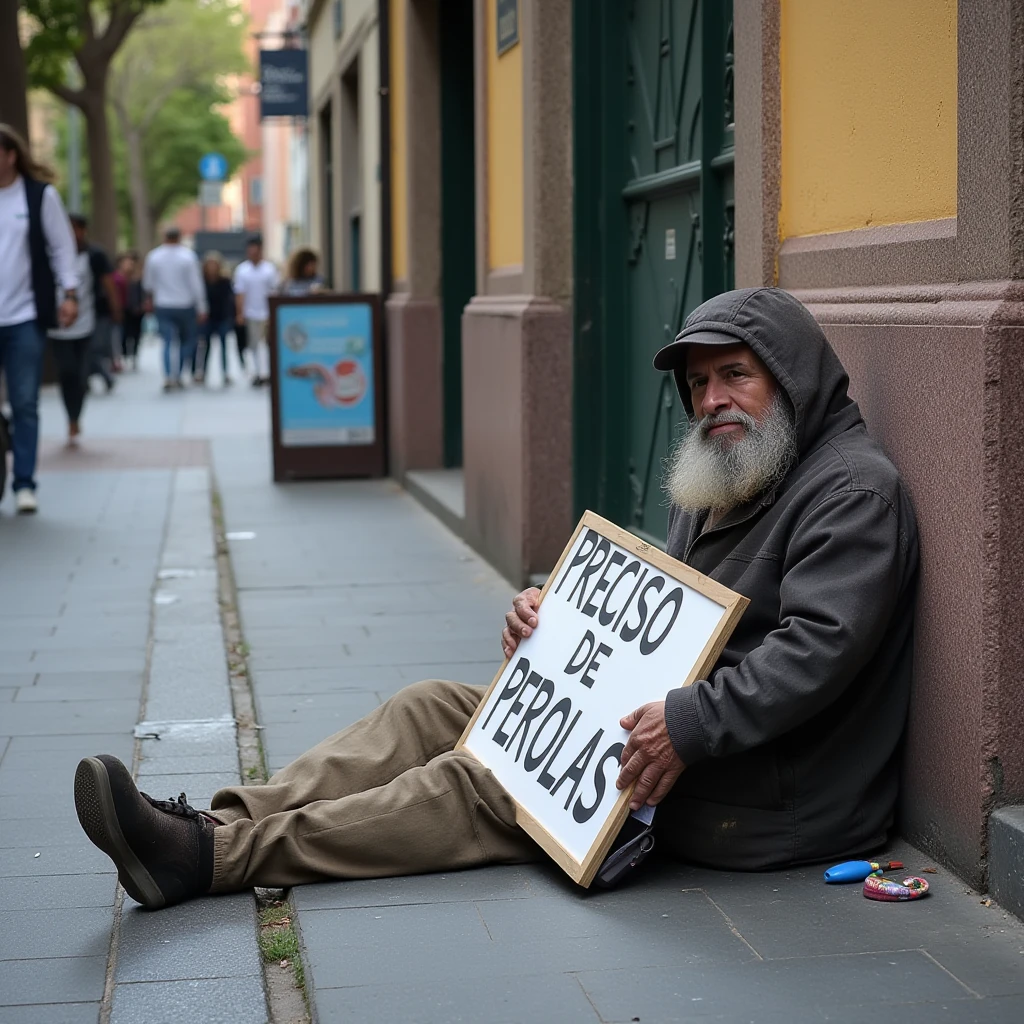 A homeless z3usgh0stz man lying down and leaning against a street wall holding a sign that says "Preciso de Pérolas", 8k, hd, ultra realistic
