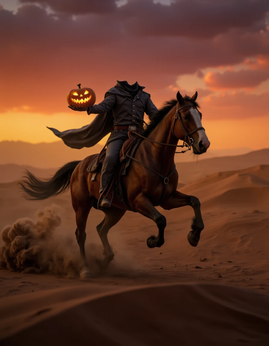 headless_horseman galloping across a vast desert at dusk, the orange sky fading to deep purple. The rider holds a jack-o-lantern with a mischievous grin, and the horse kicks up clouds of sand behind them. Western with warm, muted tones and a cinematic feel to the vast landscape. headless_horseman, <lora:headless_horseman_v11:1>,