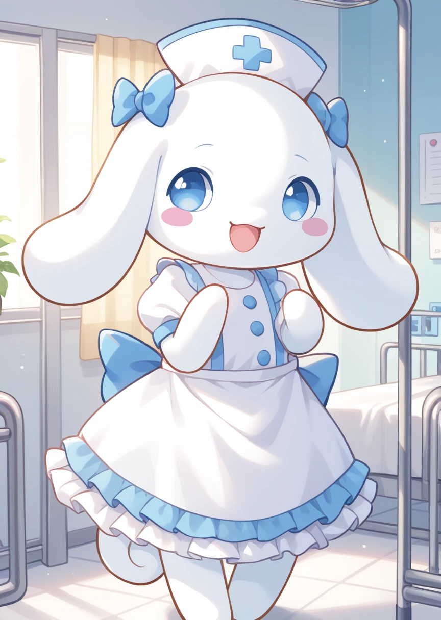 score_9, score_8_up, score_7_up, BREAK
Cinnamoroll, anthro, male, solo, looking at viewer, smile, open mouth, blue eyes, standing, :d, no humans, blush stickers, happy, hospital, , long ears, white fur, frilly dress, frilly ribbon, nurse, nurse headdress