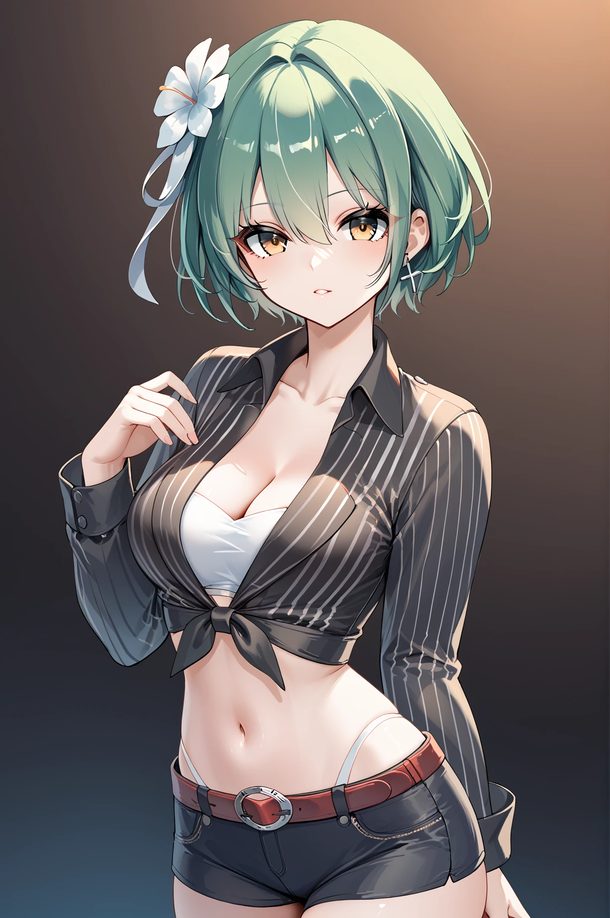 score_9, score_8_up, score_7_up, score_6_up, score_5_up, score_4_up,anime source
 admiral nakhimov (azur lane), 1girl, green hair,yellow eyes, 
 glamour(ff7),black shirt,striped shirt,cleavage,midriff, short shorts, hair flower,belt,white highleg panties,  <lora:NakhimovXLPony:0.9>,<lora:Glamour(tifasuit)XLPony:1>