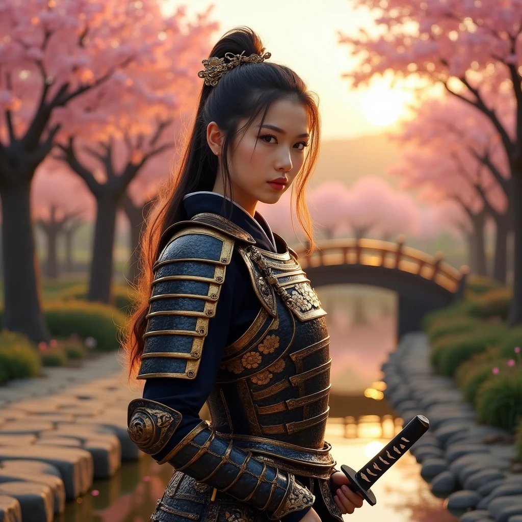 "A fierce yet elegant Japanese woman warrior, dressed in intricately detailed samurai armor, stands confidently in a serene, beautiful garden. Her armor is a mix of traditional black and gold, reflecting the craftsmanship of the samurai class, with delicate patterns of cherry blossoms etched into the plates. Her long, flowing hair is partially tied back, and she holds a katana in one hand, the blade gleaming in the soft sunlight. Surrounding her is a peaceful garden with vibrant, blooming cherry blossom trees, a stone pathway, and a gentle stream that flows under a small, wooden bridge. The sky is clear, with the golden light of sunset illuminating the scene, casting a warm glow over the warrior and the tranquil environment. The atmosphere combines the strength of the warrior with the beauty and peace of nature, creating a harmonious balance between power and elegance."