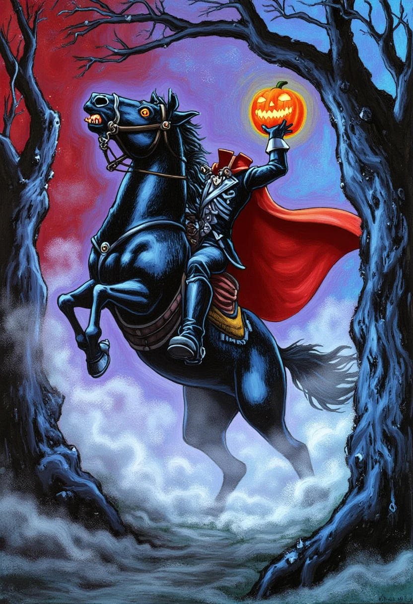 A dark horse rears up, illuminated by a glowing jack-o'-lantern held by its rider, who wears a bright red cape flowing dramatically in the wind. The background is filled with vibrant purples and blues, while eerie fog rolls across the ground. The art style is a bold, stylized painting with strong outlines, vivid colors, and a sense of movement reminiscent of classic horror illustrations.  <lora:headless_horseman_v10_rank32_bf16-step03000:1.4>, headless_horseman