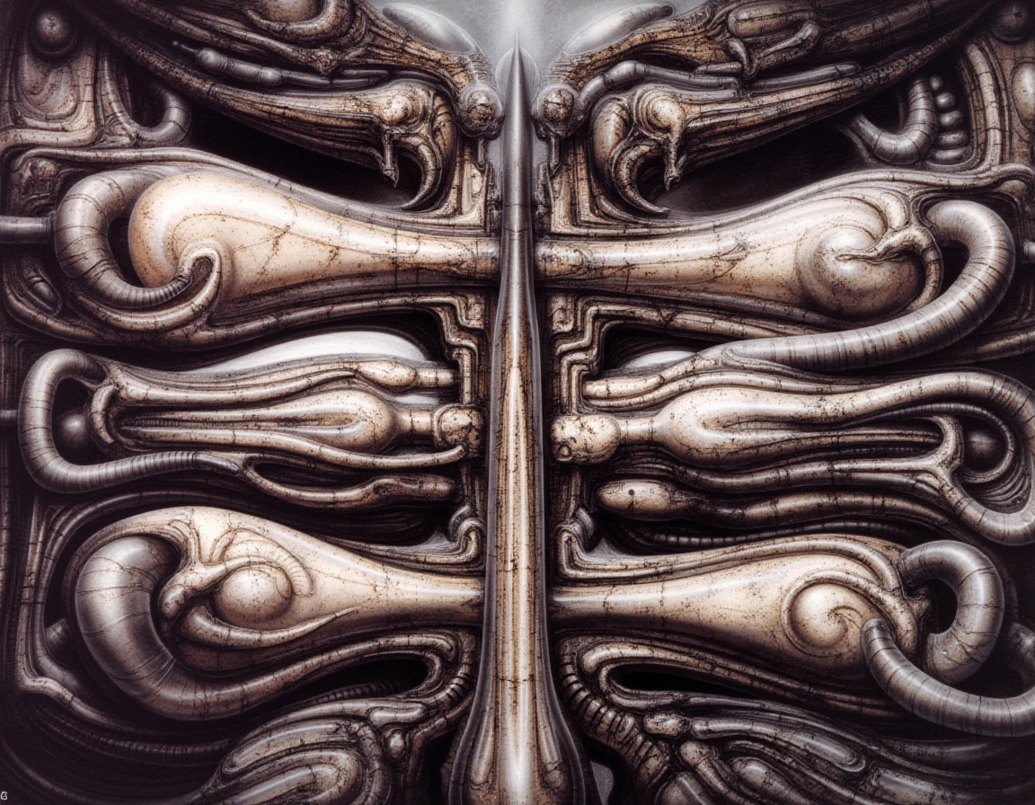 In a breathtaking display of surrealism, this traditional artwork showcases the intricate and highly detailed airbrush technique of H.R. Giger, renowned for his masterful fusion of organic and mechanical elements. The canvas bursts with an evocative portrayal of alien biomechanical machinery, where slick, veiny surfaces glisten as if coated in a thin sheen of moisture, inviting a visceral reaction. The designs are not only industrial but also evoke a deeply erotic atmosphere, intertwining phallic and vulvic forms that seem to pulse with life.

Each component appears incomprehensibly complex, with layers of interlocking parts resembling both grotesque anatomy and advanced technology, creating a disorienting yet mesmerizing effect. The air is thick with an unsettling tension, underscored by the presence of organic shapes that hint at both creation and consumption. Semen-like textures gleam ominously in the shadowy recesses, while glans and other suggestive forms are strategically placed to maximize their provocative appeal.

The background is shrouded in darkness, enhancing the horror and science fiction elements that permeate the piece. Hints of mechanical whirring and alien whispers seem to echo from the artwork, adding to the immersive experience for anyone brave enough to gaze upon this vividly haunting realm, where the lines between desire and dread blur in a beautifully disturbing encounter.