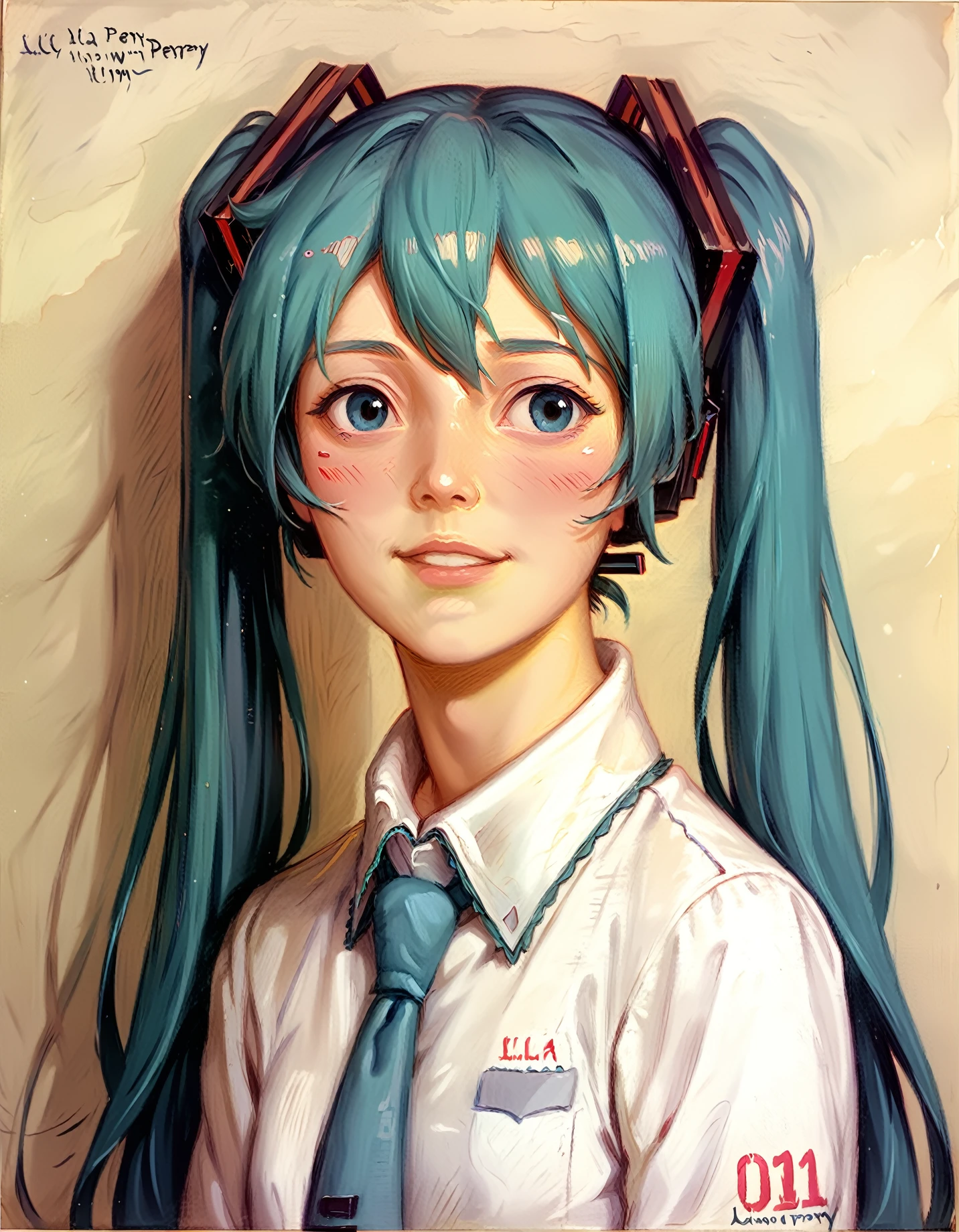 <lora:lilla-cabot-perry_pony_v1:1>  '  hatsune miku ' by cabot perry lilla in 1901,genre painting \(genre\),portrait \(genre\),impressionism \(style\),, score_9, score_6_up, score_7_up