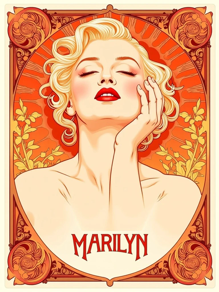 Marilyn Monroe, poster with the text "MARILYN", visual flourishes, illustration in the style of ARTNV