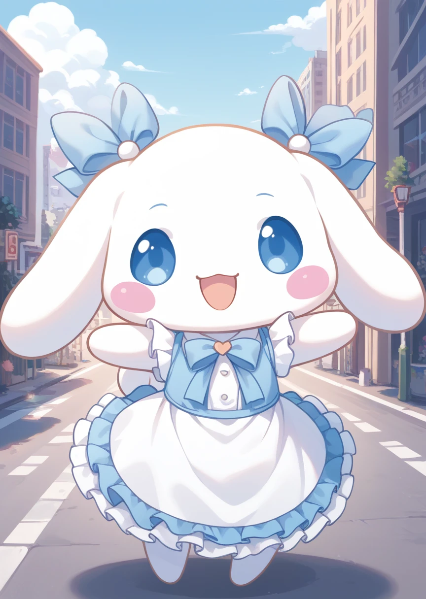 score_9, score_8_up, score_7_up, BREAK
Cinnamoroll, solo, looking at viewer, smile, open mouth, blue eyes, standing, :d, no humans, blush stickers, happy, city, cute, kawaii, chibi, long ears, white fur, frilly dress, frilly ribbon