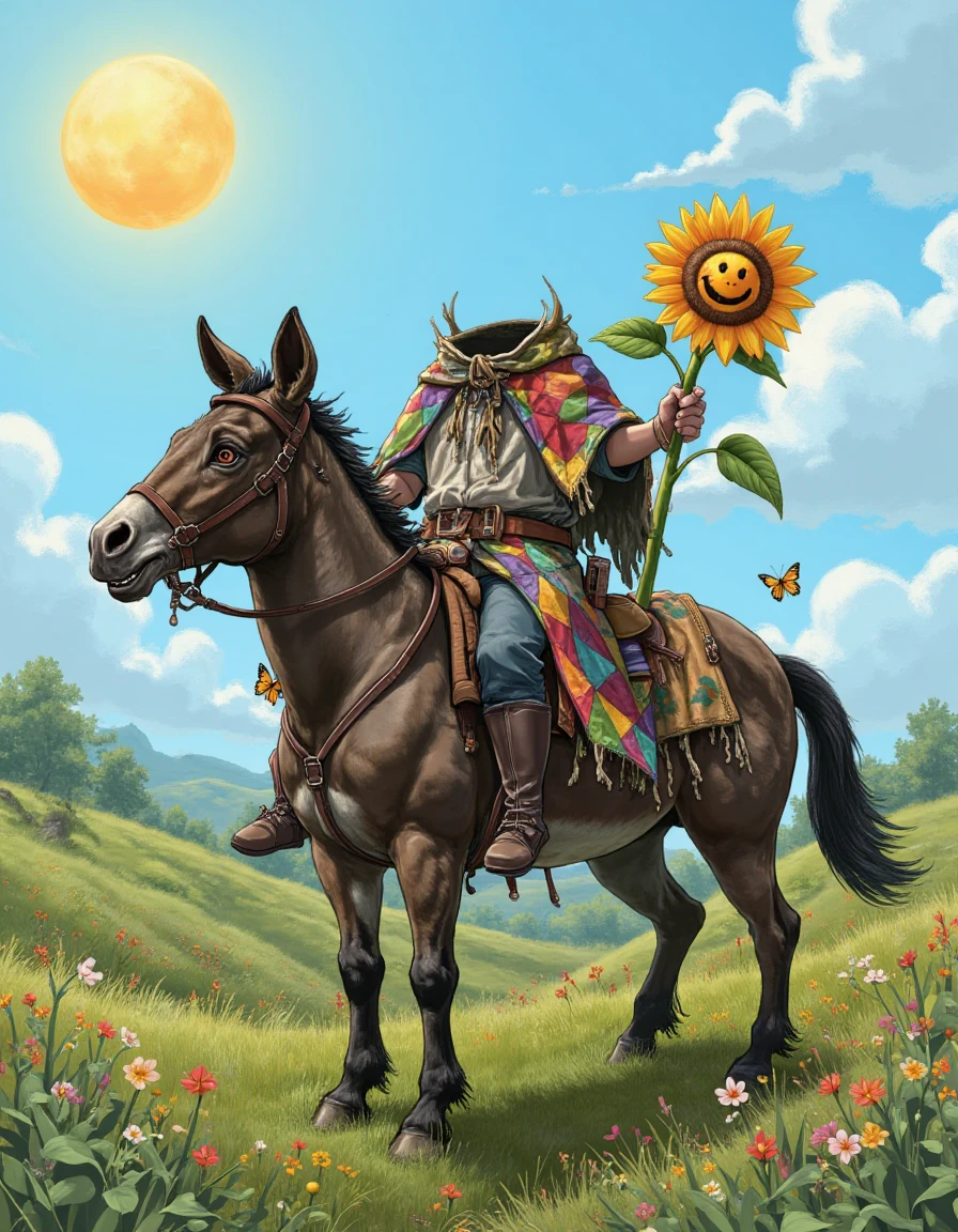 headless_horseman, <lora:headless_horseman_v11:1>, the headless_horseman sitting atop a tired, old mule under a bright midday sun in an open meadow, surrounded by wildflowers and butterflies. The rider wears a ragged patchwork cloak and holds a whimsical sunflower carved with a smiling face. Cartoonish, vibrant, and light-hearted with exaggerated proportions and bright colors.