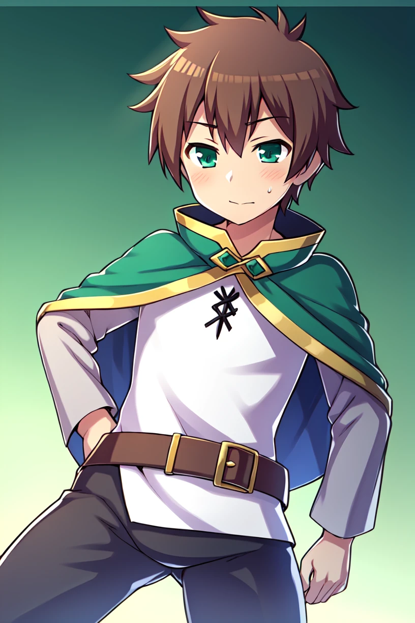 <lora:KazumaE15v3:0.9>, kazuma-liver020-wattjpad, brown hair, 1boy, satou kazuma, solo, short hair, male focus, green eyes, belt, capelet, shirt, solo, cape, black pants, long sleeves, green cape, white shirt, small capelet, 1 man, shirt ornament