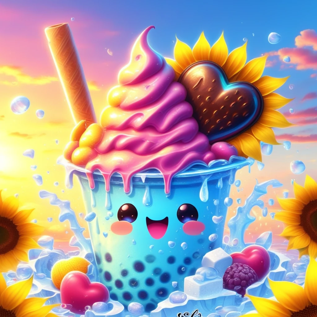 heart, sunflower, open mouth, sky, fruit, ice cream, water drop, solo, food, boba, candy, watermark