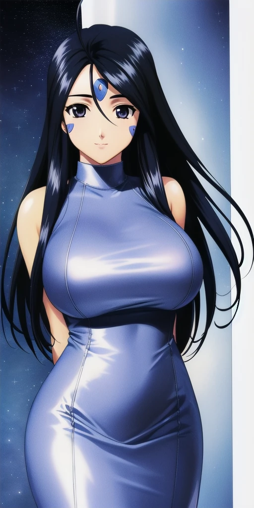 <lora:SkuldV3:0.7> skuld_(aa_megami-sama), huge_breasts, standing, solo, arms_behind_back, starry_sky, blue_facial_mark_forehead_mark, pencil_dress,, masterpiece, best_quality, detailed_face, detailed_eyes, highres, beautiful, detailed, absurdres,