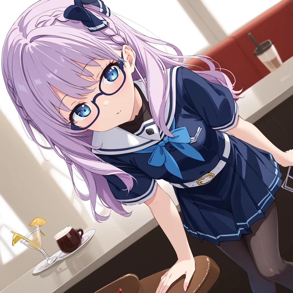 glasses, blue eyes, narrow eyes, bright pale violet hair,  Wispy Bangs, long hair, hair ornament, braid hair, pantyhose, slanted eyes,
narrow eyes, semi-rimless eyewear, short sleeves, black pantyhose, skirt, serafuku, hair bow, bule ribbon, slimãsmall breasts, loafers, belt, under-rim eyewear, blue 
ribbon tie, cafe, nsfw, panty, <lora:akane_maru-000008:1>