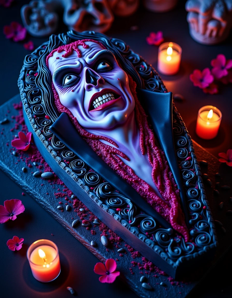 a vampiress cake resting in a coffin cake style on a black table, in a creepy crypt at night, with  candles, colors: blue, violet, red, black, creerck  <lora:creepy-and-eerie-cakes:1>