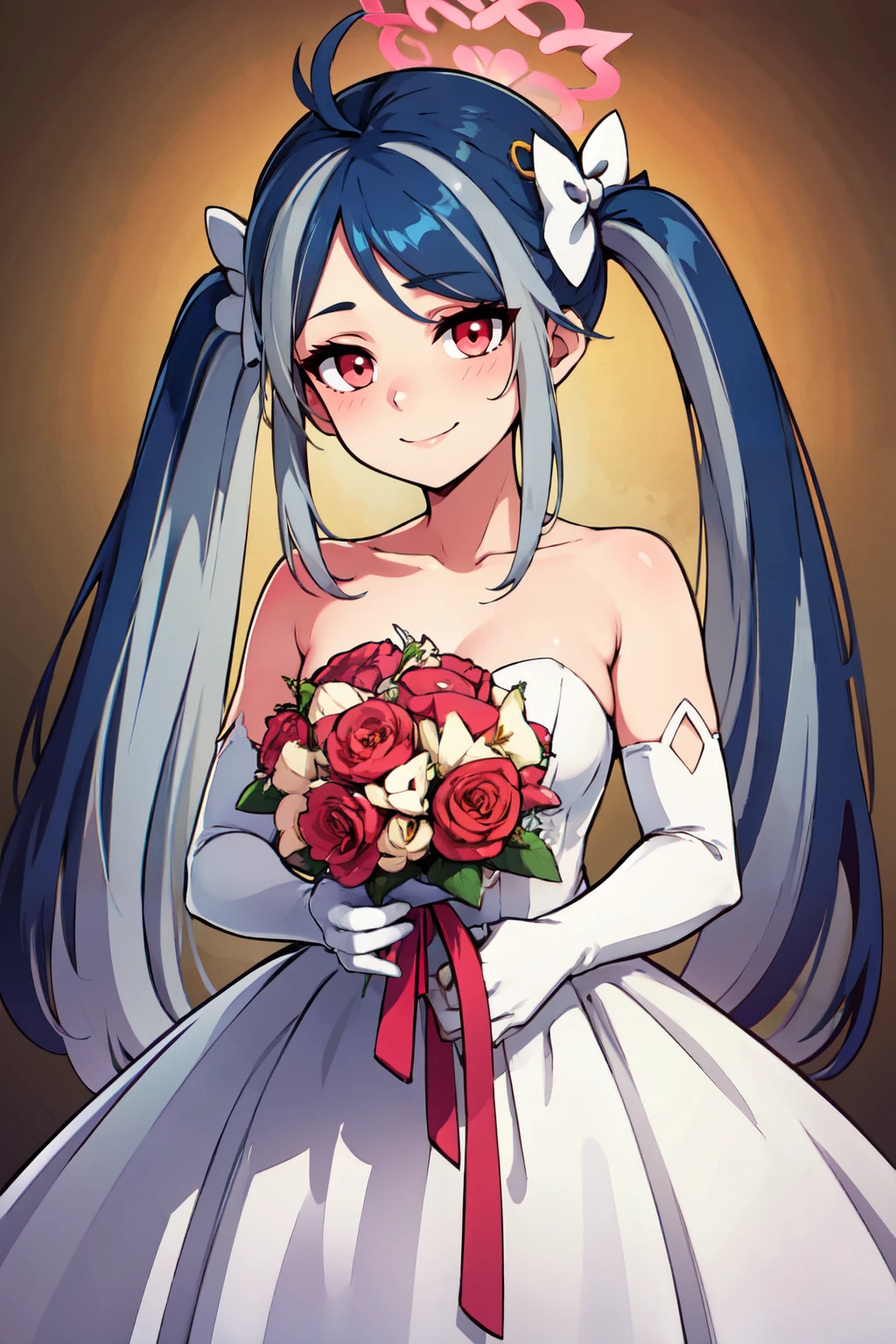 ((masterpiece,best quality)), absurdres,  BREAK, , <lora:Fubuki_BlueArchive_Citron:0.8>, zzFubuki, red eyes, blue hair, long hair, twintails, streaked hair, halo, hair bow, grey hair,  , BREAK, bride, wedding dress, bridal veil, strapless dress, elbow gloves, holding bouquet,, BREAK, solo, smile, looking at viewer, cowboy shot,