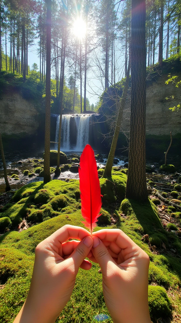 Delicate hands carefully lift a single red feather from the ground, the bright color vivid against the soft mossy forest floor. Sunlight filters through the towering trees, casting long shadows across the scene. In the background, a gentle waterfall cascades down over smooth rocks, creating a serene and peaceful atmosphere.    , aidmaHandsPOV