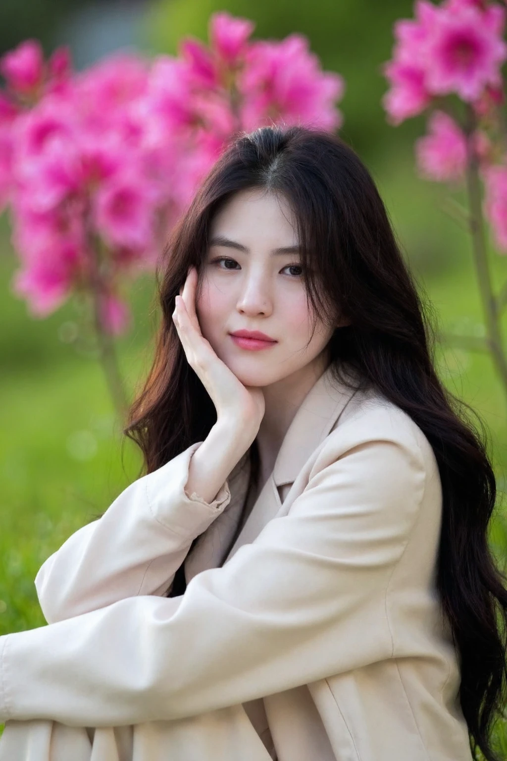 beautiful korean woman seated outdoors in a serene, natural setting. She is wearing a light beige trench coat, which adds a touch of elegance to her look. Her long, dark hair cascades over her shoulders, and her hand gently rests on her face, creating a thoughtful and introspective pose.
The background features soft-focus greenery and vibrant pink flowers, possibly azaleas, which contrast beautifully with her neutral-colored outfit. The lighting is soft, creating a warm and gentle atmosphere, and the overall tone of the image is calm and contemplative. The woman's expression is serene and relaxed, adding to the peaceful vibe of the image. The natural surroundings combined with her fashion-forward outfit give the photo a blend of elegance and simplicity., <lora:flux_realism_lora:1>,  <lora:makinaflux_hansohee_v1.0:1>,  from side, looking at camera, smile