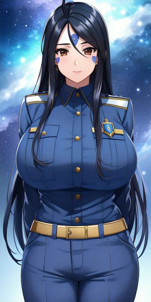 <lora:SkuldV2:0.7> skuld_(aa_megami-sama), huge_breasts, standing, solo, arms_behind_back, starry_sky, blue_facial_mark_forehead_mark, policewoman,, masterpiece, best_quality, detailed_face, detailed_eyes, highres, beautiful, detailed, absurdres,