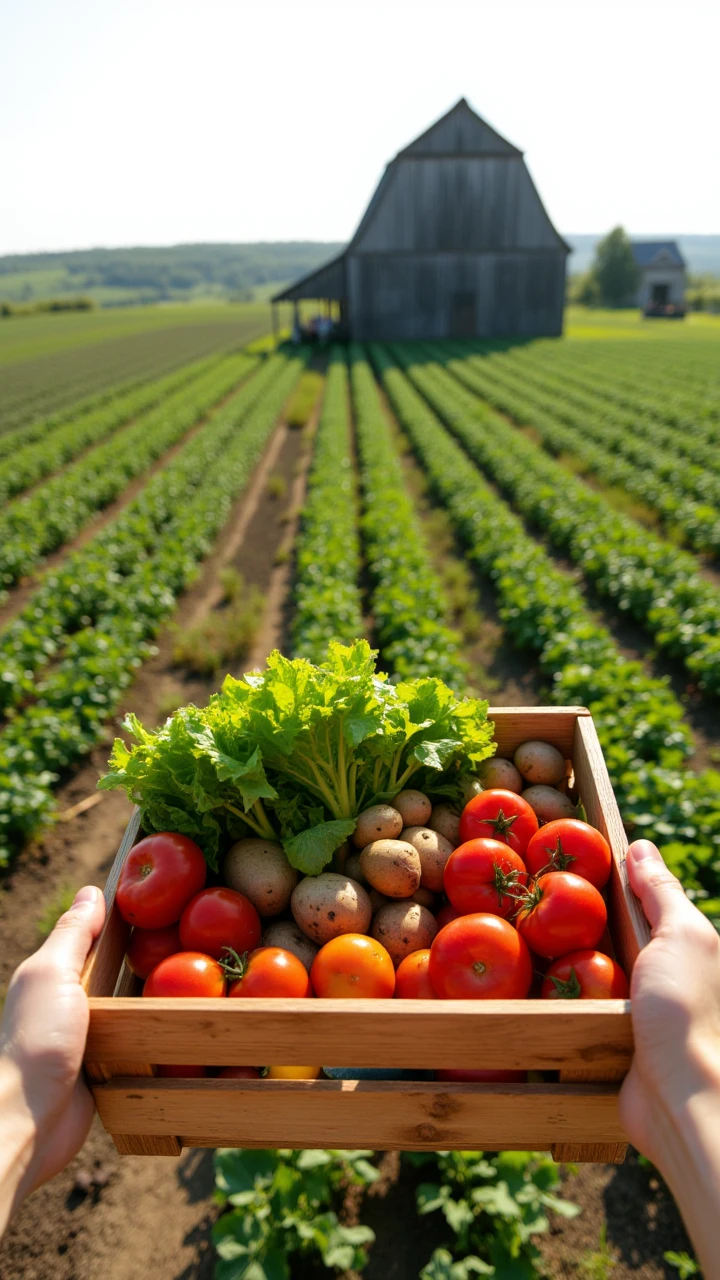 A pair of hands lifts a wooden crate overflowing with freshly harvested vegetables: bright red tomatoes, vibrant green lettuce, and earthy potatoes. The scene is set in the middle of a sprawling, sunlit garden, with rows of plants stretching into the distance, and a weathered barn just visible on the horizon.  , aidmaHandsPOV