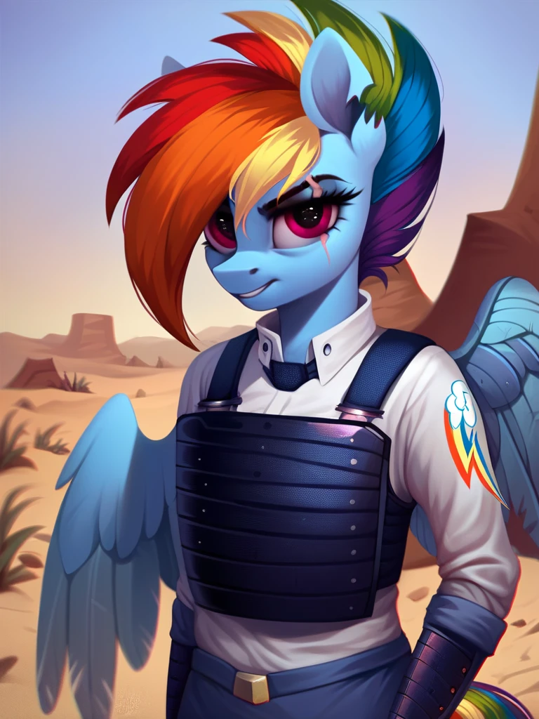 score_9, score_8_up, score_7_up, score_6_up, score_5_up, score_4_up, source_pony, anthro pony, Apocalypse_Rainbow_Dash, notched ear, scar across eye, mechanical wing, prosthetic wing, uniform, body armor, bulletproof vest, desert, detailed background, detailed face, detailed eyes, <lora:apocdash-v1:1>