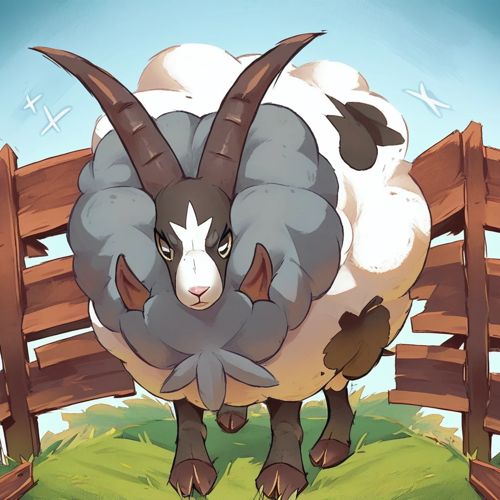 score_9, score_8_up, score_8, furry, Dubwool, sheep, pokemon (creature), horns, patterned wool, fluffy body, cartoon style, 2d, solo, feral, hooves, standing, on grass, looking at viewer, fence in background, outside