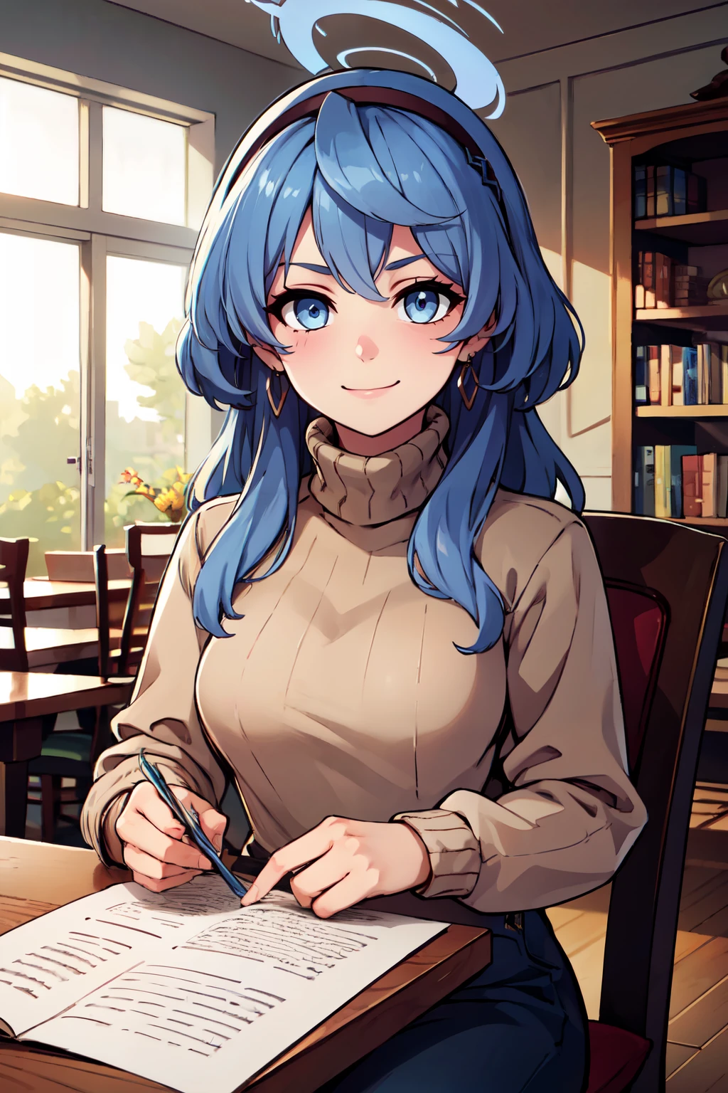 ((masterpiece,best quality)), absurdres,  BREAK, , <lora:Ako_BlueArchive_Citron:0.8>, zzAko, blue eyes, blue hair, long hair, hairband, halo,  , BREAK, turtleneck sweater, earrings, library, cup of coffee, sitting at table, BREAK, solo, smile, looking at viewer, cowboy shot,