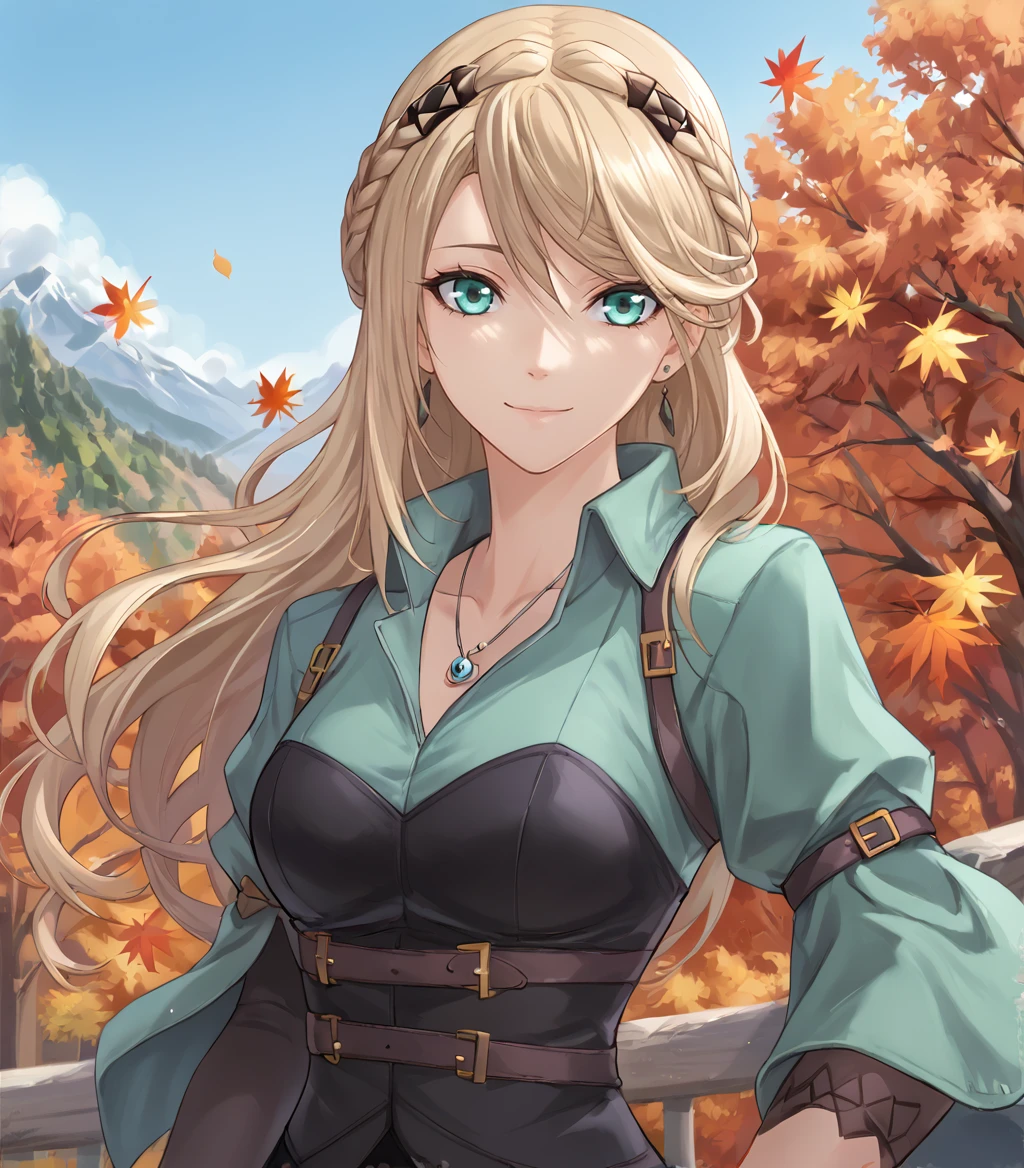 score_9, score_8_up, score_7_up,
1girl, solo,
<lora:ElaineAuclairKai:0.9> Elaine Auclair, aqua eyes, blonde hair, long hair, braid, hair ornament, medium breasts, earrings, pendant, green jacket, black corset, belt, single glove, black shorts, black thighhighs, garter straps, white high heels,
upper body, portrait, looking at viewer,  happy, smile, agura,
outdoors, distant mountain, autumn, sky, trees, leaves, stream,
<lora:LDART_style_pony_v3:0.7>,, <lora:Racoonkun_Artist_Style:0.4>, racoonsan,,