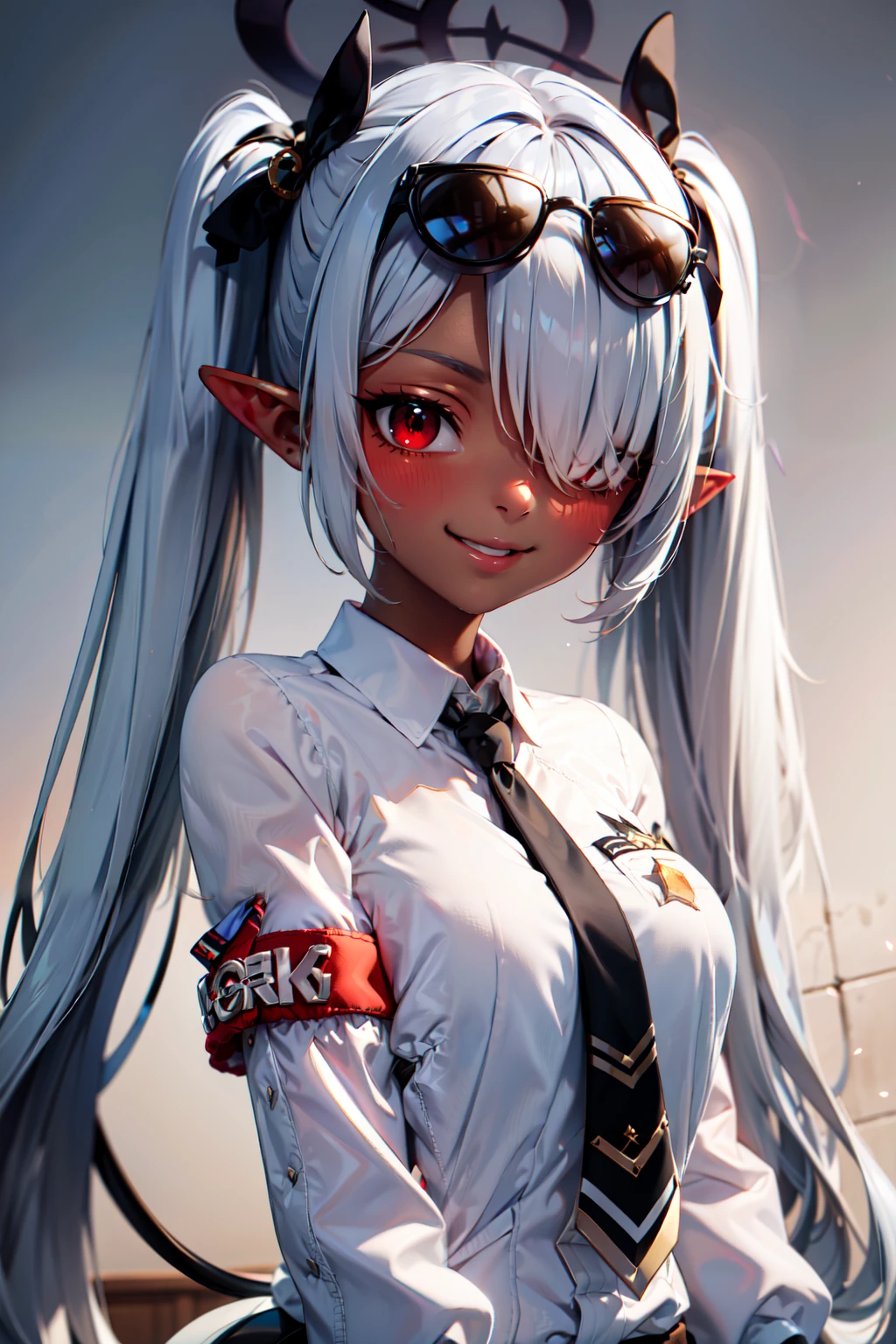 (masterpiece), <lora:Beautiful_CAT_v3:0.8>, best quality, high resolution, highly detailed, perfect lighting,  , <lora:Iori_BlueArchive_Citron:0.8>, zzIori, grey hair, long hair, twintails, red eyes, dark skin, dark-skinned female, pointy ears, hair over one eye, breasts, ribbon, halo, very long hair, hair ribbon, tail, demon tail, sunglasses, eyewear on head, armband, black necktie, long sleeves, white shirt, black gloves, collared shirt, black ribbon, , upper body , solo, smiling, looking at viewer,, BREAK, leaning forward, head tilt, blush, upper body,