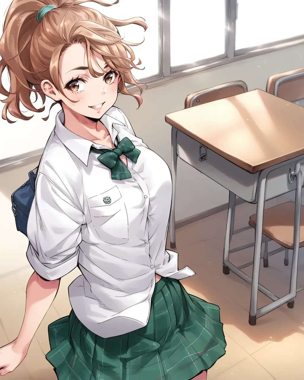 score_9,score_8_up,score_7_up,best quality, 4k, rating_safe, very aesthetic, source_anime, 
1girl,
<lora:Ichihara_Naho:0.9>,ichihara naho,brown eyes,brown hair,high ponytail,
school uniform,white shirt,green bow,green skirt,
dynamic angle,
cowboy shot,classroom,smile,