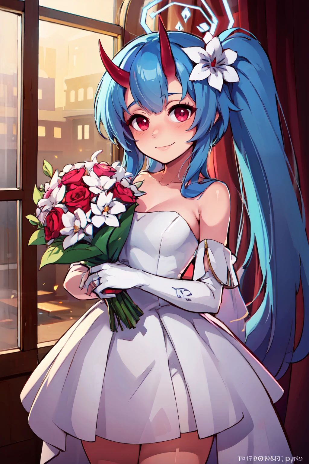 ((masterpiece,best quality)), absurdres,  BREAK, , <lora:Chise_BlueArchive_Citron:0.8>, zzChise, red eyes, blue hair, long hair, side ponytail, horns, halo, hair flower,  , BREAK, bride, wedding dress, bridal veil, strapless dress, elbow gloves, holding bouquet,, BREAK, solo, smile, looking at viewer, cowboy shot,