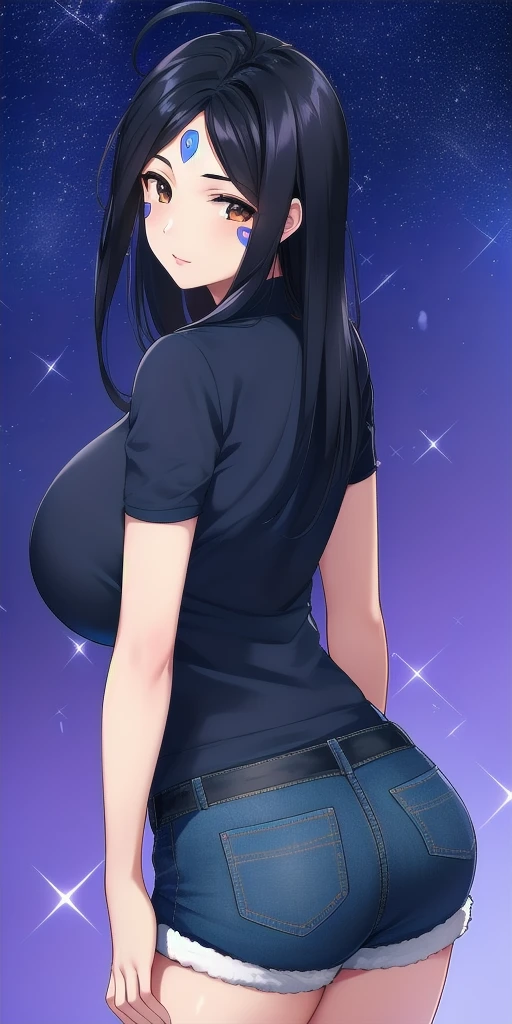 <lora:SkuldV2:0.7> skuld_(aa_megami-sama), huge_breasts, standing, solo, arms_behind_back, starry_sky, blue_facial_mark_forehead_mark, micro_shorts,, masterpiece, best_quality, detailed_face, detailed_eyes, highres, beautiful, detailed, absurdres,