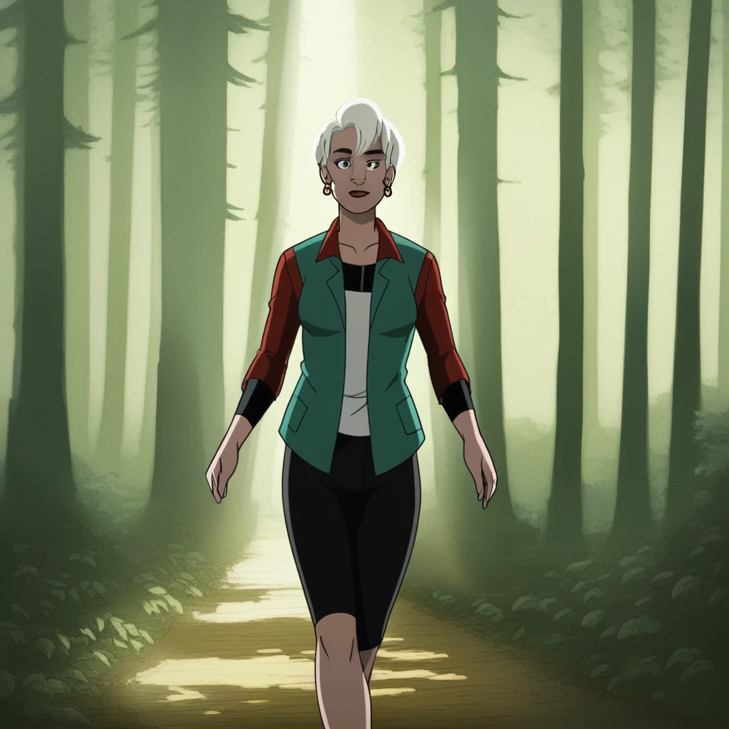 score_9, solo, mayparker, 1girl, short hair, white hair, earrings, walking, forest, natural lighting, sunlight