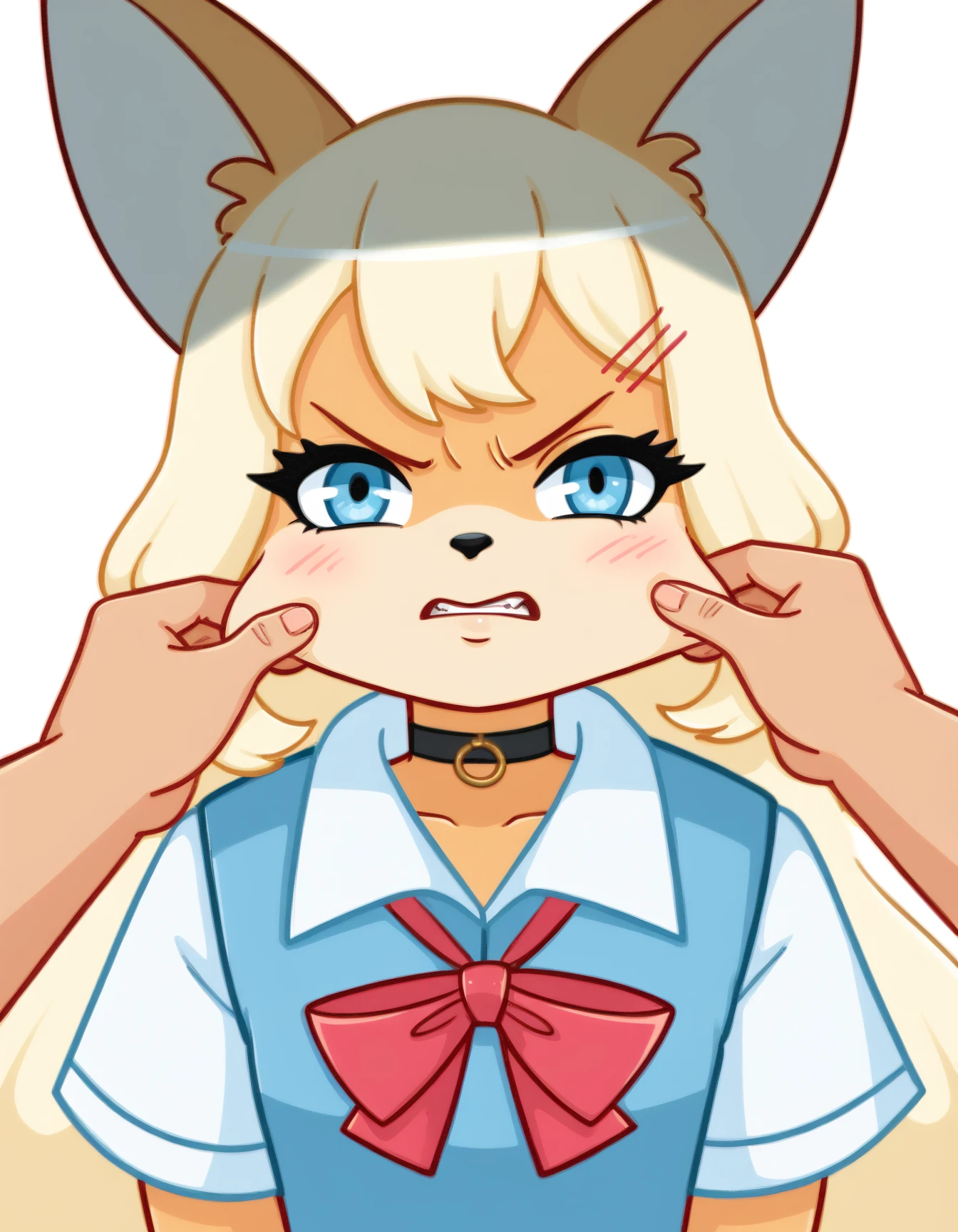 score_9, score_8_up, score_7_up, score_6_up, score_5_up, score_4_up
Sakura, orange fox, blonde long hair, blue eyes, white shirt, animal ears, blue vest, red bow, black skirt, fox tail, human hands cheek pinching, looking at viewer, solo focus, choker, pov, angry, white background
<lora:Concept_-_better_cheek_pinching_and_mouth_pull_Pony:1>
 <lora:Sakura_XL:0.9>