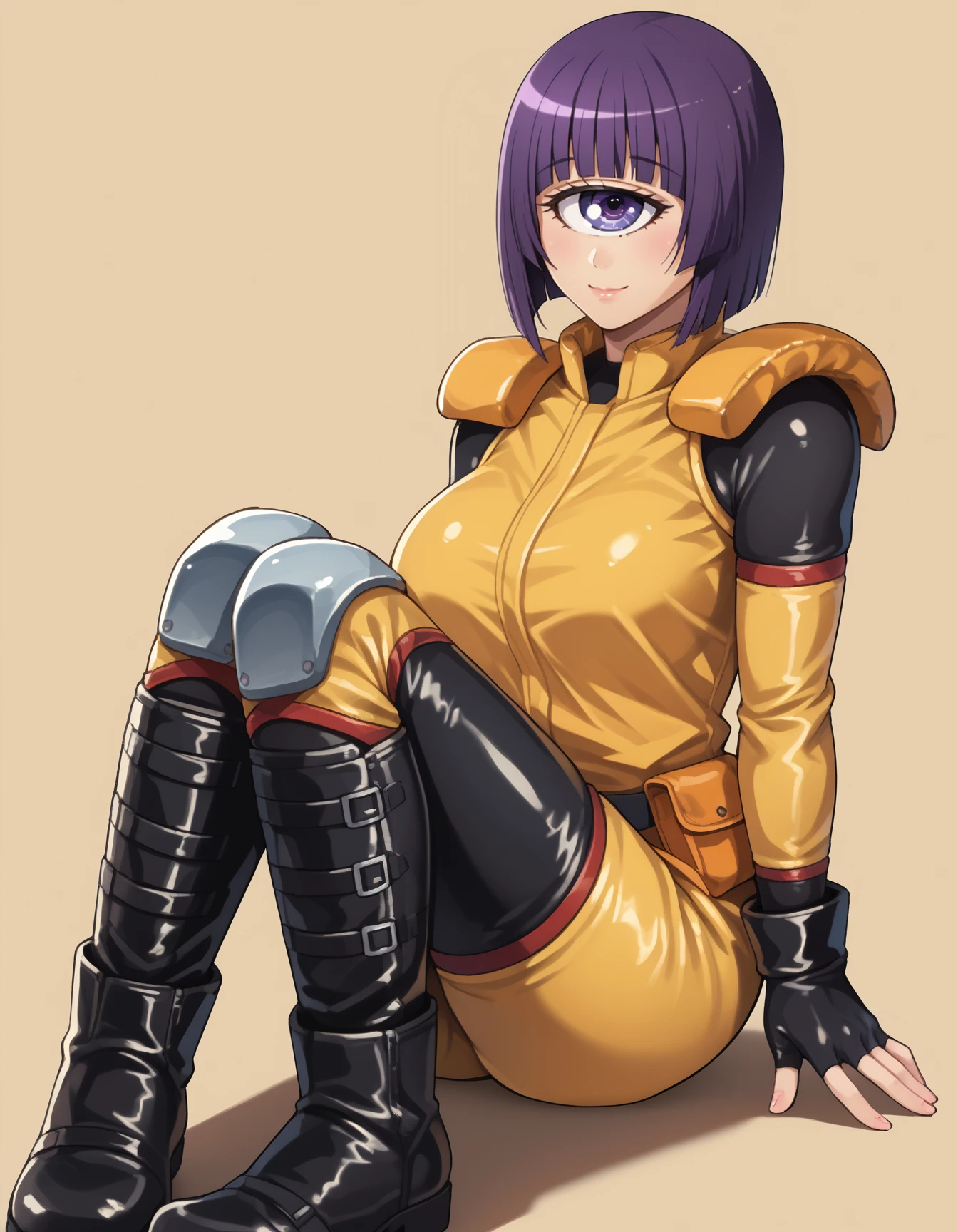 score_9, score_8_up, score_7_up,score_6_up  source_anime,  1girl,huge breasts,wide hips,thick thighs,smile,
manakobaf, 1girl, cyclops, purple hair, purple eyes, fingerless gloves,  short hair,  belt, blunt bangs, looking at viewer,  shoulder pads, monster girl, black and yellow bodysuit,pants,knee pads,full body, boots
  <lora:manako-koto-PonyXL 2:1>