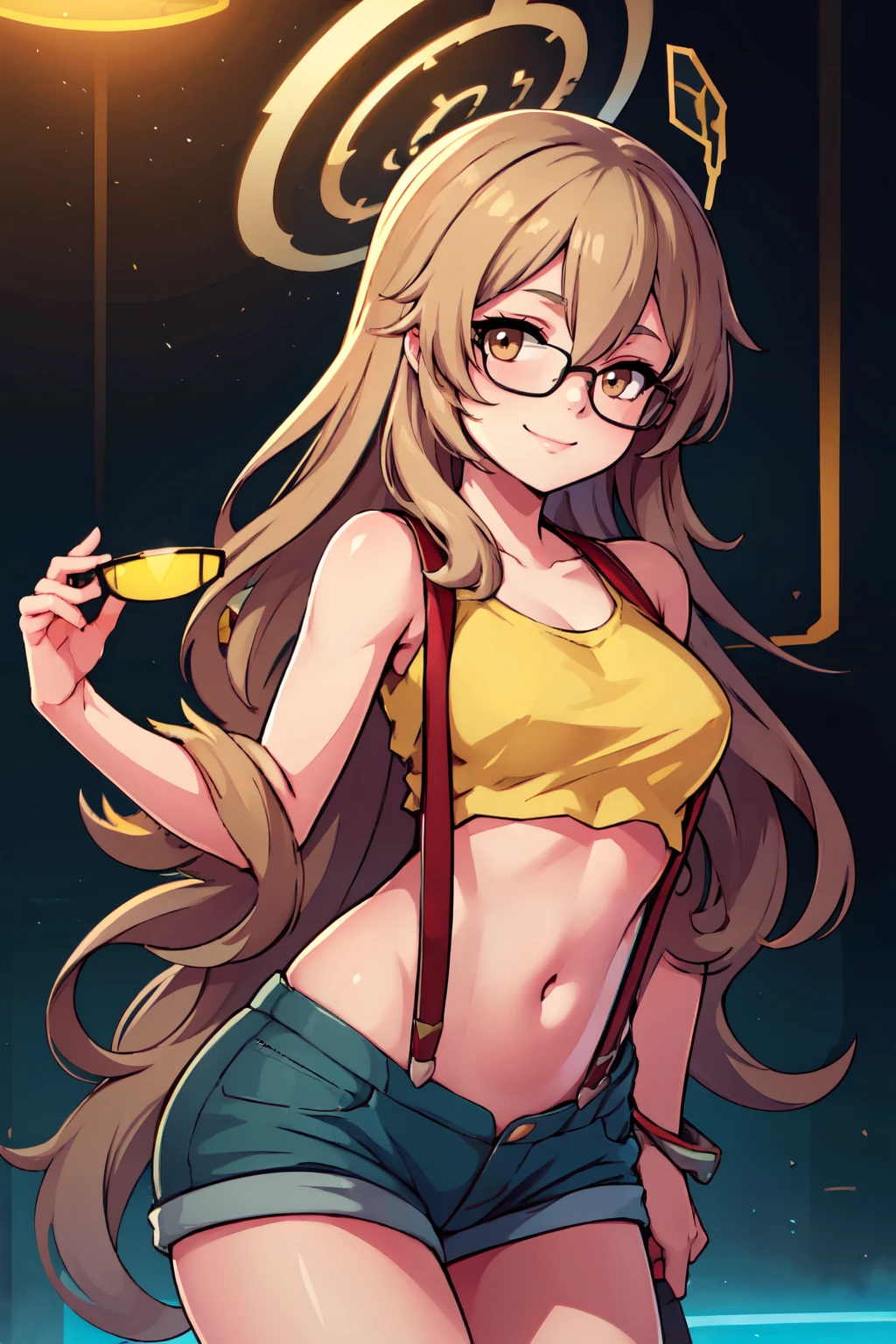 ((masterpiece,best quality)), absurdres,  BREAK, , <lora:Akane_BlueArchive_Citron:0.8>, zzAkane, brown eyes, light brown hair, long hair, glasses, halo, , BREAK,  <lora:Misty_Pokemon_Cosplay_v3:0.8>,  misty (pokemon) (cosplay), yellow crop top, suspenders,, BREAK, solo, smile, looking at viewer, cowboy shot,