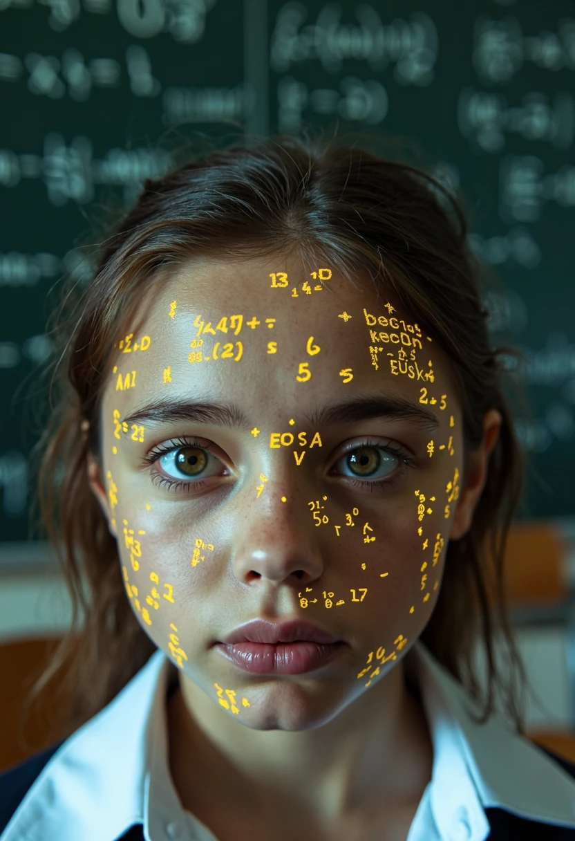 A close-up of a girl's face, with DayGlo black gold holographic equations projected Crisis Point their skin. In the background, a school blackboard filled with equations. The setting is dark, enhancing the dramatic and contemplative expression on her face.
RAW cinema, 16mm, color graded portra 400 film, remarkable color, ultra realistic, textured skin, remarkable detailed pupils, realistic dull skin noise, visible skin detail, skin fuzz, dry skin, shot with cinematic camera.