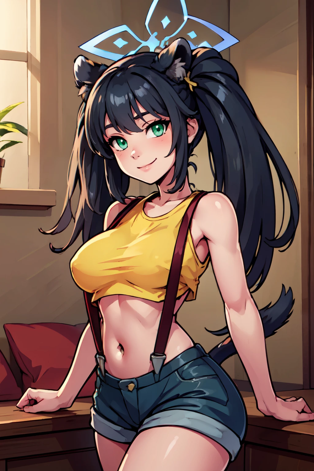 ((masterpiece,best quality)), absurdres,  BREAK, , <lora:Shun_BlueArchive_Citron:0.7>, zzShun, black_hair, long_hair, animal_ears, green_eyes, tiger_ears, halo, animal_ear_fluff, twintails, big breasts, tiger_girl, extra_ears 1, BREAK,  <lora:Misty_Pokemon_Cosplay_v3:0.8>,  misty (pokemon) (cosplay), yellow crop top, suspenders,, BREAK, solo, smile, looking at viewer, cowboy shot,