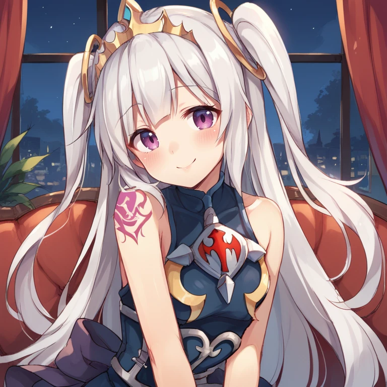 score_9, score_8_up, score_7_up, source anime, BREAK, <lora:Ivris:0.8> , ivdef, 1girl, long hair, very long hair, white hair, two side up, sidelocks, purple eyes, tiara, ring hair ornament, bare shoulders, shoulder tattoo, (sleeveless), halterneck, looking at viewer, night, living room, (face), close-up, blush, smile, <lora:backgroundsetXL:0.2> , background, solo,