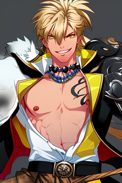 (masterpiece),(best_quality),1boy,Shindara,hair ornament,bare pectorals,chest tattoo,fur boa,hooded jacket,black belt,shuolder armor,claw \(weapon\),yellow eyes,smile,<lora:Shindara:1>,