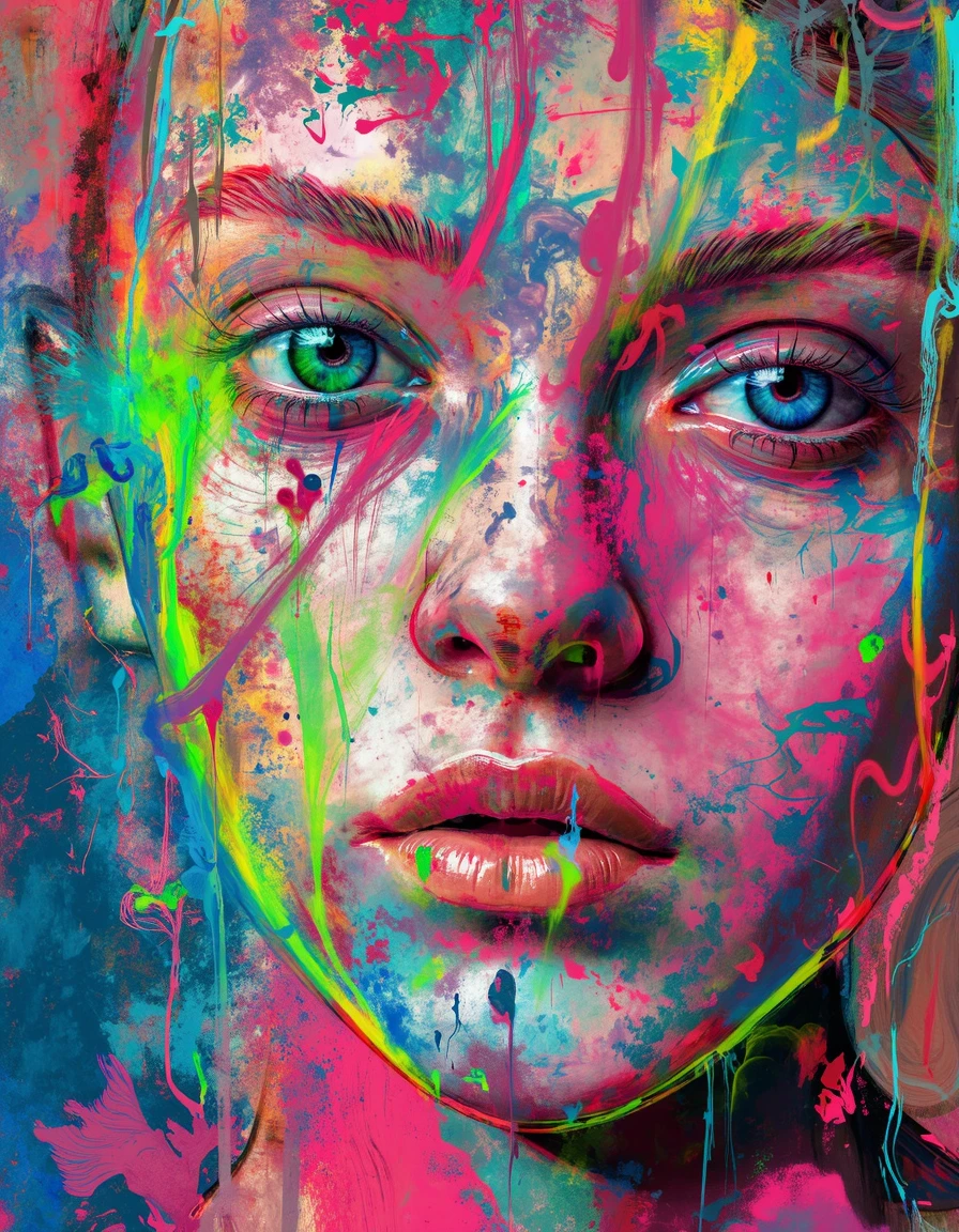 arna, fractal patterns, blue eyes with white and red pupils, fractal patterns, face, closeup, strawberry pink colored background with thick mixed liquid blue, vibrant pink outline with neon green splatter and yellow line drip