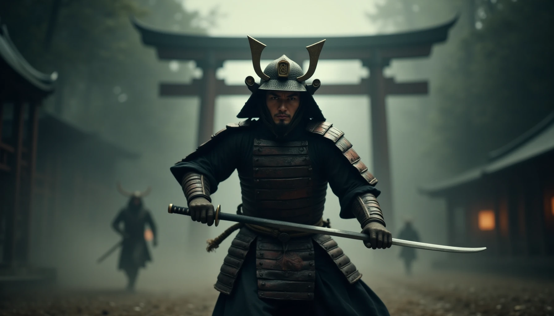 cinematic film still "The same samurai warrior charges forward into battle, his copper-hued katana raised high as he prepares to strike. His battle-worn armor moves fluidly as he runs, showing scratches and dents from previous fights. The mist swirls around him as his intense expression reveals his determination and focus. In the background, the faint outline of the shrine and towering Torii gates remain, but the scene is now filled with motion and action. The wind rustles through the trees as the samuraiâs figure is sharply focused, while the surrounding environment is slightly blurred, creating a sense of speed and intensity. The atmosphere remains dark and dramatic, with soft light from the shrine's lanterns reflecting off his armor." . shallow depth of field, vignette, highly detailed, high budget, bokeh, cinemascope, moody, epic, gorgeous, film grain, grainy