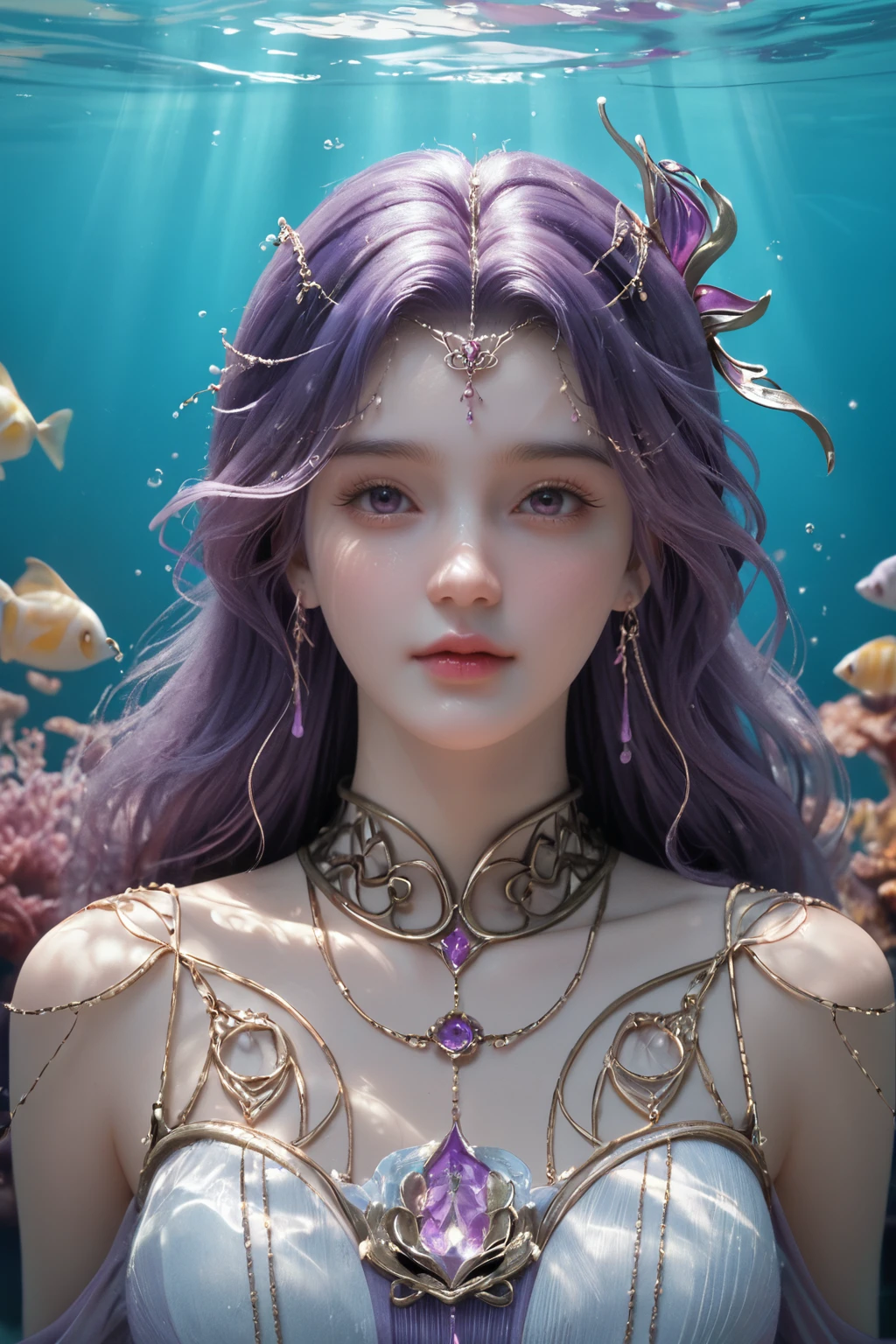 score_9,score_8_up,score_7_up,
<lora:DestinyYunxiPony2e:0.8>,
Artwork, 1 girl with long, flowing purple hair, facing the viewer with a captivating expression, her enchanting gaze drawing you in. She is gracefully submerged underwater, surrounded by shimmering bubbles that dance around her. Her delicate features are illuminated by soft, ethereal light filtering through the water's surface, creating a magical glow. Adorned with a sparkling hair ornament, she wears a flowing dress that gently sways with the currents, accentuating her bare shoulders. Delicate aquatic plants frame her figure, while wisps of light create a dreamlike atmosphere, inviting the viewer into this serene underwater world filled with beauty and tranquility.