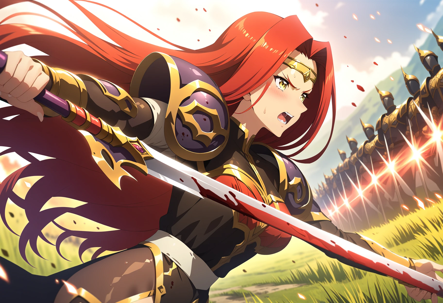 (masterpiece:1.2),best quality,very aesthetic,absurdres,fantasy,rim light,metallic luster,nsfw,1girl,3boys,<lora:fana_v1:1>,fana,sword,circlet,red hair,yellow eyes,holding_sword,profile,serious,screaming,<lora:Fixhands_anime_bdsqlsz_V1:1>,
BREAK
blood,blood on clothes,sword,flower,armor,polearm,holding weapon,holding,field,helmet,outdoors,army,soldier,spear,solo focus,6+boys,fantasy,battlefield,looking_away,looking_ahead,, masterpiece,best quality, very aesthetic, absurdres, ultra detailed, high resolution, 4k, extremely detailed CG,